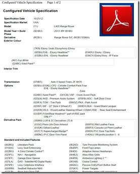 Configured Vehicle Specification Sheet for a 2013 Range Rover # ...